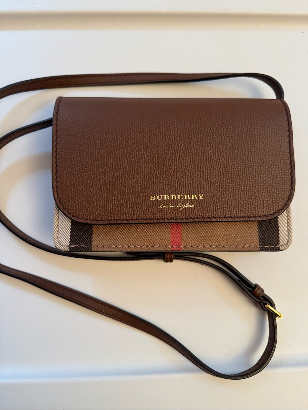 Burberry Brown Leather Crossbody with Signature Nova Check and Red Stripe
